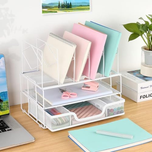 Desk Organizers and Accessories, 2-Tier Desk Organizer with Drawer, White