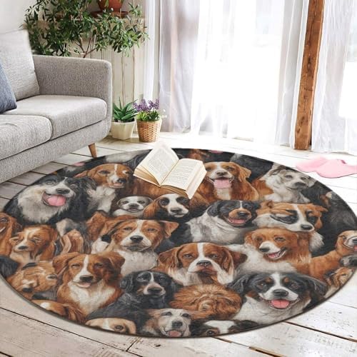 Machine Washable Modern Round Area Rug, Room Sofa Yoga Soft Round Carpet, Home Decor Non Slip Kitchen Office Circle Rug Husky Shepherd Dog Golden Hair Dog Puppy, 36inch