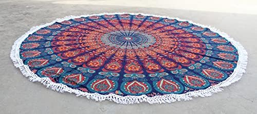 Round Beach Tapestry Turquoise Mandala Throw/Boho Hippie Beach Blanket Roundie/Indian Cotton Bohemian Large Round Table Cloth-Home Decor/Yoga Mat Meditation Picnic Rug (42", Orange and Blue)