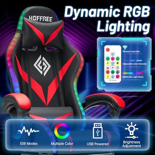 HOFFREE LED Gaming Chair with Speakers RGB Lights Computer Chairs-Red