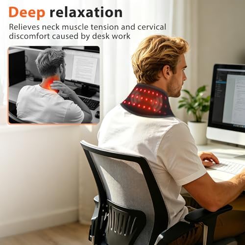 Neck Heating Pad with Massage, Heating Neck Wrap with 660nm 850nm Red Light, with 3000mAh Rechargeable, 3 Levels Heat & 3 Massage, Electric Nape Heating Pad for Soreness Stiffness