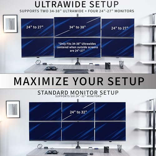 VIVO Premium Hex Ultra Wide LCD LED 27 to 38 inch Monitor Desk Mount, Heavy Duty C-clamp, Extra Tall Pole, Adjustable Telescoping Arms, Flush Wall Setup, Fits 6 Screens, Black, STAND-TS06C