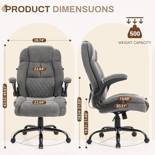 Massage Office Chair, 500LBS Ergonomic Rocking Executive Desk Chairs with 4 Points Vibration&Heat,Padded Flip-up Armrests for Big and Tall Office Chair,Swivel Computer Chair Thicken Back,Grey
