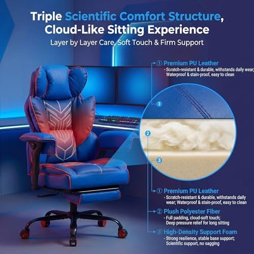 Big and Tall Gaming Office Chair 400lbs - Heavy Duty Ergonomic Computer Desk Chair with Footrest, Adjustable Armrests, High Back PU Leather with Racing Style (Blue/Red)