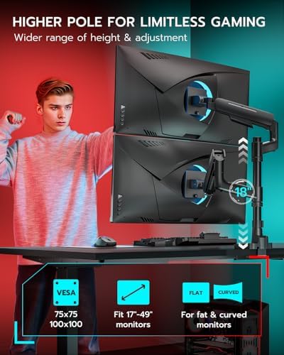 ARES WING Dual Monitor Mount with USB for 17-49 Inch Screen, Black