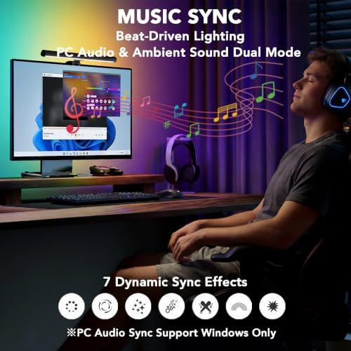 Smart Monitor Light Bar with RGB Backlight, Software-Controlled Display Color & Music Sync, LED Desk Lamp，Monitor Light for Gaming/Work with 16M Colors & 18 Modes – 16"