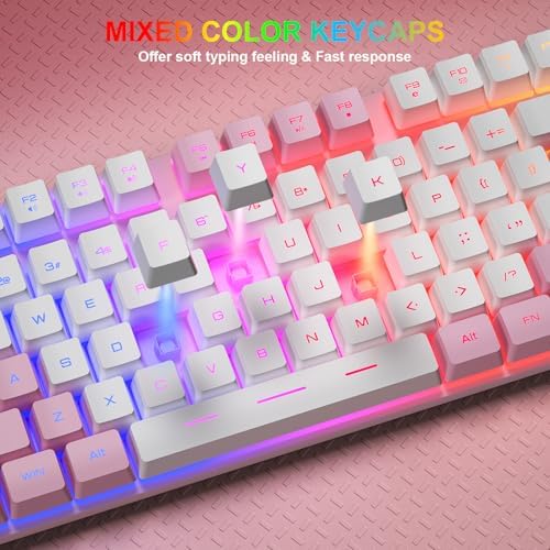 BlueFinger RGB Gaming Keyboard and Backlit Mouse Combo, USB Wired, LED Gaming Set for Laptop PC Computer Game and Work (Pink & White)