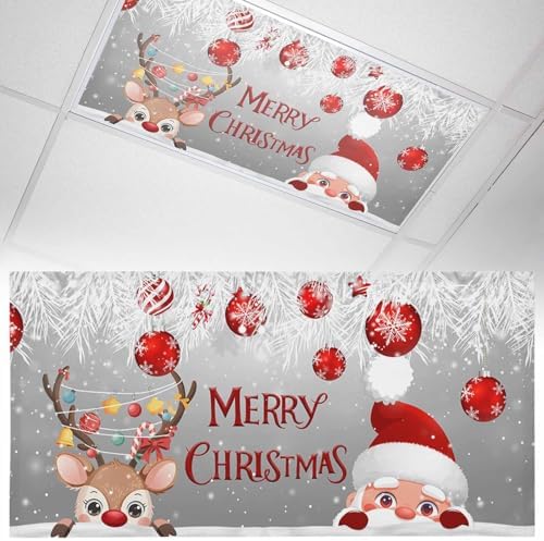 Santa Claus Magnetic Fluorescent Light Covers for Ceiling Lights 2 x 4 Feet,Red Grey Christmas Elk Ball Pine Silver Office Classroom Kitchen Drop Ceiling Light Covers Filters Shade Panel 1 Pack