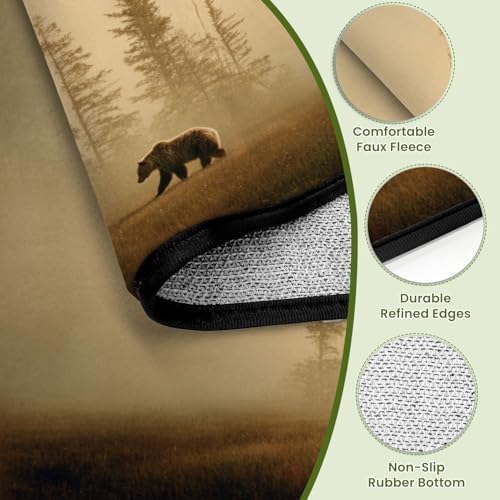 Solitary Bear Amidst Autumn Pine Trees Soft Earth Tones Area Rug Outdoor Patio Rug Play Mat Modern Floor Carpet Non-Slip Home Decor Living Room Kids Bedroom Nursery, 6x9 ft
