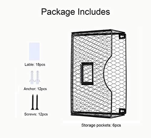 PAG-Mass 6 Pockets Hanging File Holder Wall Mount Mail Organizer Metal Chicken Wire Magazine Rack with Tag Slot, Black
