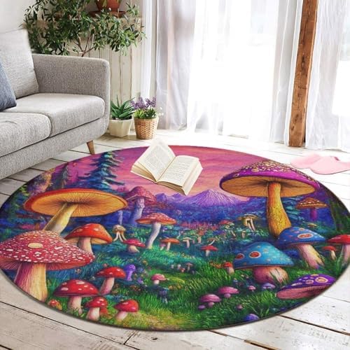 Machine Washable Modern Round Area Rug, Room Sofa Yoga Soft Round Carpet, Home Decor Non Slip Kitchen Office Circle Rug Trippy Mushrooms Art, 24inch