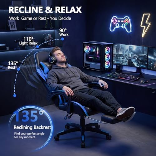 Mr IRONSTONE Gaming Chair with Footrest, Ergonomic Reclining Gamer Chair with Lumbar Support & Massage, High Back Racing Style Video Game Chair, Adjustable Headrest, Swivel Desk Chair, Blue