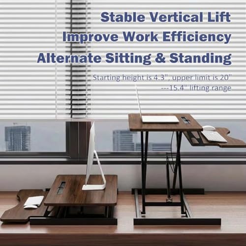 32 Inch Height Adjustable Stand Up Desk Riser, Heavy Duty Computer Workstation with Removable Keyboard Tray - Ergonomic Design for Home Office Workshop Gaming, Spacious Platform(Walnut)