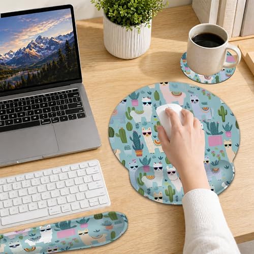 Cute Alpacas Ergonomic Keyboard and Mouse Wrist Rest Set, Cacti Mouse Pad with Non Slip Base, Soft Cloth Surface for Office and Home Typing Support