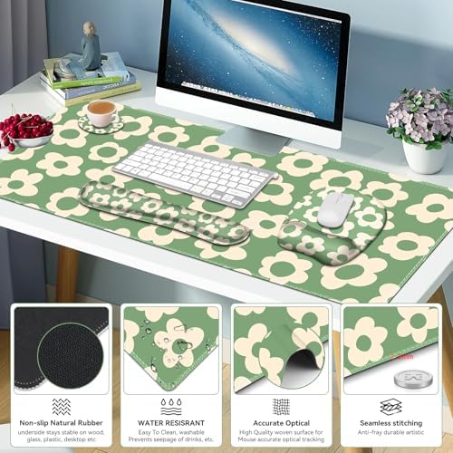 Large Mouse Pad with Wrist Support 4in1 Set, XXL Game Mousepad +Keyboard Wrist Rest+Mouse Wrist Rest+Coaster Ergonomic Design Gaming Mat for Home Office Table Computer I Vintage Groovy Flowers