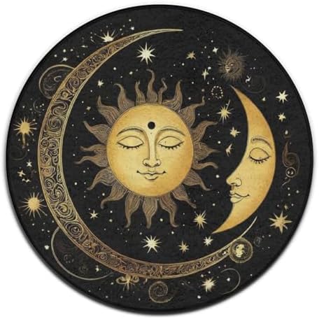 Large Home Decor Mat, Soft Round Yoga Carpet, Non-Slip Machine Washable Home Office Circle Rug Compatible with Boho Gold Sun Crescent Moon Star