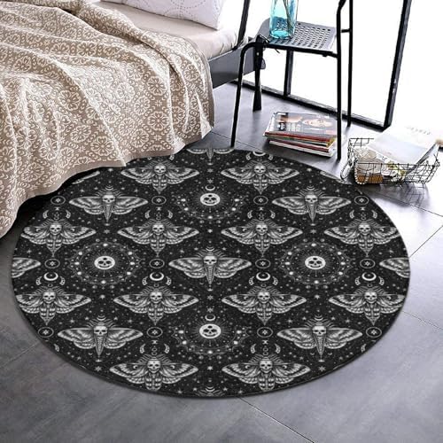 Highly Premium Quality Floor Mat, Office Chair Decor Mat, Room Sofa Yoga Soft Round Carpet Gothic Moth Skull Sun Moon Art Black and White