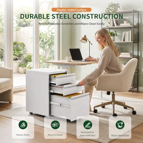 3 Drawer Metal File Cabinet with Lock & Rolling Casters