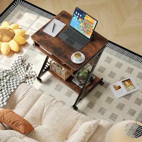 Zenira 24-Inch Small Computer Desk, Z Shape Laptop Desk Cart on Wheels