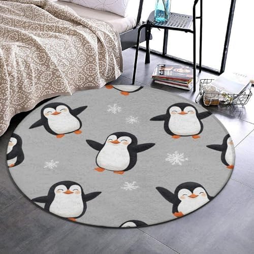 Large Machine Washable Circular Rugs, Home Decor Round Mat for Living Room Sofa Office Cute Penguin Grey