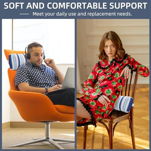 Headrest Pillow for Patio Chaise Lounge Chair, 2 Pcs Outdoor Chaise Pillows with Adjustable Elastic Stripe Head Resting Pillows for Recliner Office Chair, Blue White Stripe