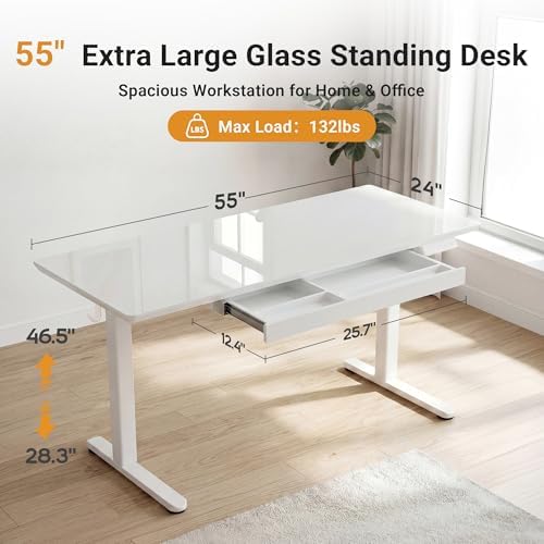 YDN Glass Standing Desk with Drawers 55x24 Inch Super White