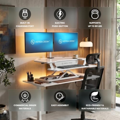 VERSADESK PowerPro 36 Inch Electric Corner Standing Desk Converter, Motorized Height Adjustable Sit-Stand Desk Riser, Dual Monitor & Laptop Workstation with Keyboard Tray, White