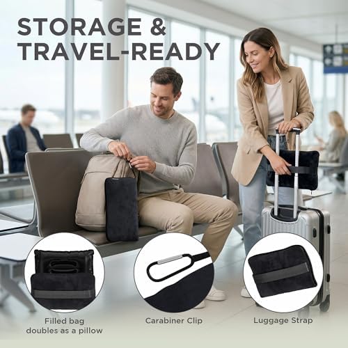 Dot&Dot Travel Pillow and Blanket Set, 2-in-1 Airplane Travel Essentials with Soft Flannel Travel Blanket, Inflatable Pillow, Compact Carry Bag with Carabiner for Flights, Camping, Cruise Ship, Car