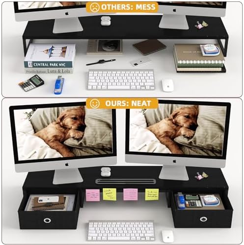 39 Inch Dual Monitor Stand Riser with 2 Drawers - Large Black Wooden Computer Stand for 2 Monitors, Ergonomic Desk Organizer with Phone Holder, Desktop Storage for Laptop, Office Supplies, Home Office
