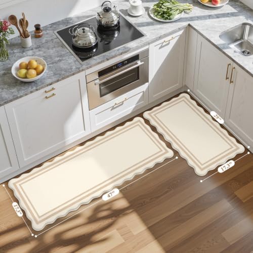 KIMODE Anti Fatigue Kitchen Mats, Beige Scalloped Rugs for Kitchen Floor
