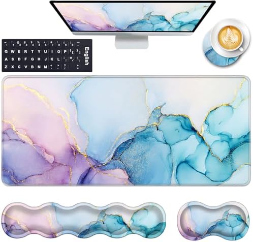 Keyboard Wrist Rest and Mouse Pad with Wrist Support Set Ergonomic Coaster,Memory Foam,Easy Typing Pain Relief,Large XL Desk Mat 31.5"x 11.8",Cyan Blue Marble