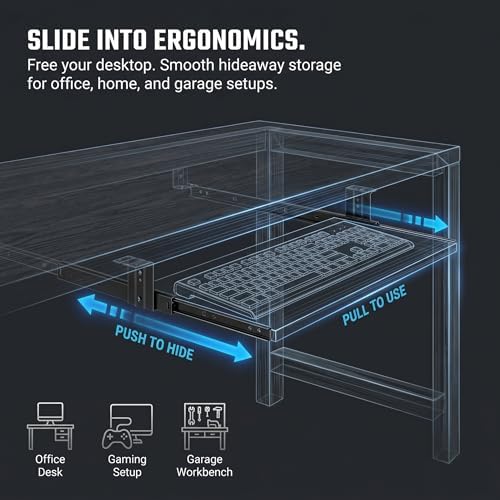 1 Set Underdesk Keyboard Tray Sliding Rails, 14-23 Inch Heavy Duty Steel Drawer Slides Ball Bearing Extension Rails Hardware Kit Pull Out Computer Keyboard Slides Quiet Mount Track Telescopic Runners