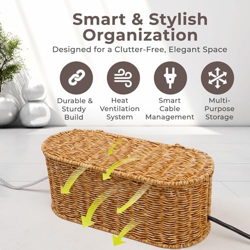 Cable Management Box, Handmade Rattan Cord Organizer for Power Strip