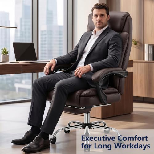Ergonomic Executive Office Chair PU Leather High Back, 400lbs Heavy Duty Reclining Desk Chair with Footrest, Adjustable Lumbar Support, Padded Armrests, Wide Seat, Brown