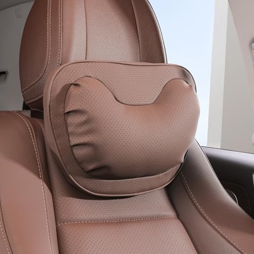 Car Neck Pillow [No More Pressure] Soft Comfortable Premium Leather Headrest with Adjustable Strap – Ergonomic Support for Driving, Office & Gaming, Brown, 1 Pack