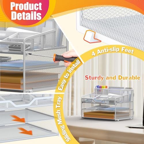 Docnest 3 Tier Mesh Desk Organizer with Letter Tray & Paper Sorter, White