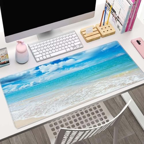 Desk Mat, Beaches Sunny Day Extended Gaming Mouse Pad Large, 31.5"x11.8" Big Mouse Pad with Non-Slip Base and Stitched Edge, Long Computer Keyboard Mouse Mat for Home Office Work