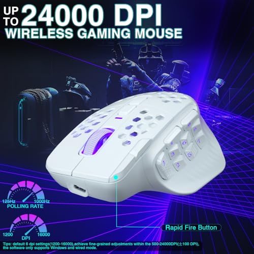 SOLAKAKA SM809 Pro Gaming Mouse with 9 Side Buttons,24000 DPI RGB Mouse for Gamer,16 Programmable Macros MMO Mouse (Wireless, 1-white2)