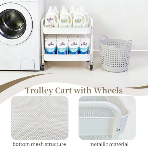 2 Pack Two Tier Rolling Cart with Wheels Small Pantry Floor Organizer Under Desk Storage Metal Short Utility Cart for Small Space, Kitchen Shelf Laundry Room Bathroom Organization, White