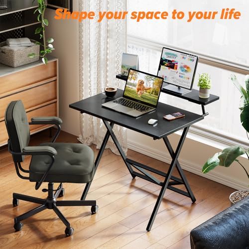 WOHOMO Folding Computer Desk with Monitor Stand, Adjustable Height, Black