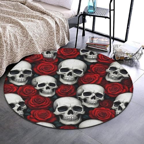 Large Machine Washable Circular Rugs, Home Decor Round Mat for Living Room Sofa Office Floral Horror Rose Skull
