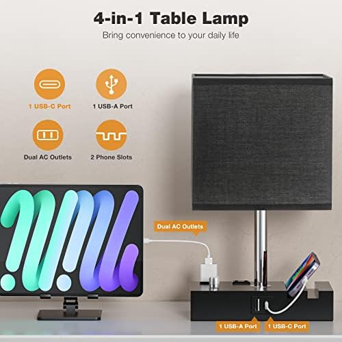 Black Bedside Table Lamps Set of 2 - Dimmable, USB C+A, 2 AC Outlets