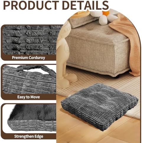 Corduroy Floor Cushions, Floor Pillow, Floor Cushions for Adults, Pet and Kids, Floor Pillows for Sitting(1PC, Dark Grey，22"×22"×5.9")