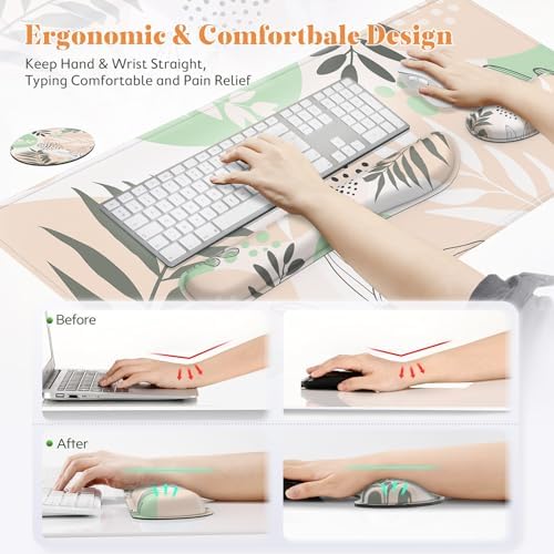 Gimars 4 in 1 Mouse Pad and Keyboard Wrist Rest Set, Large Mouse Pad with Memory Foam Wrist Support Pad for Desk with Coaster, Easy Typing Pain Relief, Gaming Office Home 31.5x12 inch, Morandi Beige