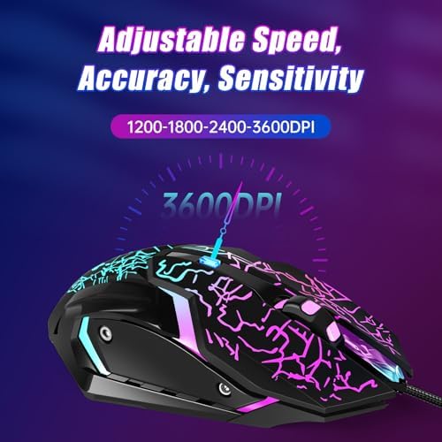 Wired Gaming Mouse,Ergonomic Optical Gaming Mice with 7 Color LED Backlight, 4 DPI Settings Up to 3600 DPI Computer Wired USB Mouse for Laptop/mac, 6 Buttons, Black