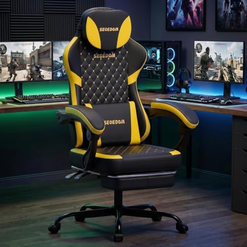 Ergonomic Gaming Chair with Footrest & Massage Lumbar Pillow, Height Adjustable 360° Swivel Computer Chair, Linked Armrest & Headrest for Office Gaming (Black Yellow)