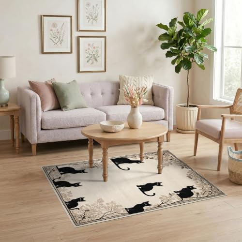 4'x6' Black Cat Taupe Design with Motifs Washable Area Rug