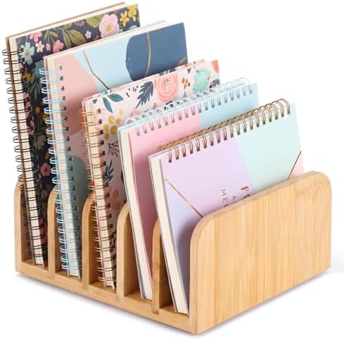Lineshading Bamboo Letter Organizer, 5 Compartments Desk Mail Organizer, Desktop Envelope Holder and Letter Sorter, Countertop Paper File Holders with Anti Slip Mat for Home Office(Bamboo Color)