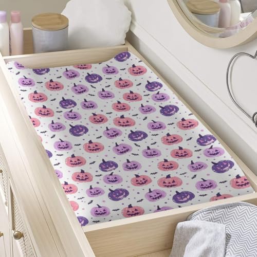 Colorful Halloween Pumpkin Bats Pattern Baby Changing Pad Cover, Unisex Fall Winter Holiday Nursery Diaper Changing Table Pad Mat Sheet for Boys Girls-16x32