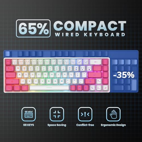 GEODMAER 65% Gaming Keyboard, LED Backlit Mini Wired Keyboard, Ultra-Compact Anti-Ghosting No-Conflict 68 Keys Membrane Gaming Wired Keyboard for PC Laptop Windows Gamer(White-Pink)